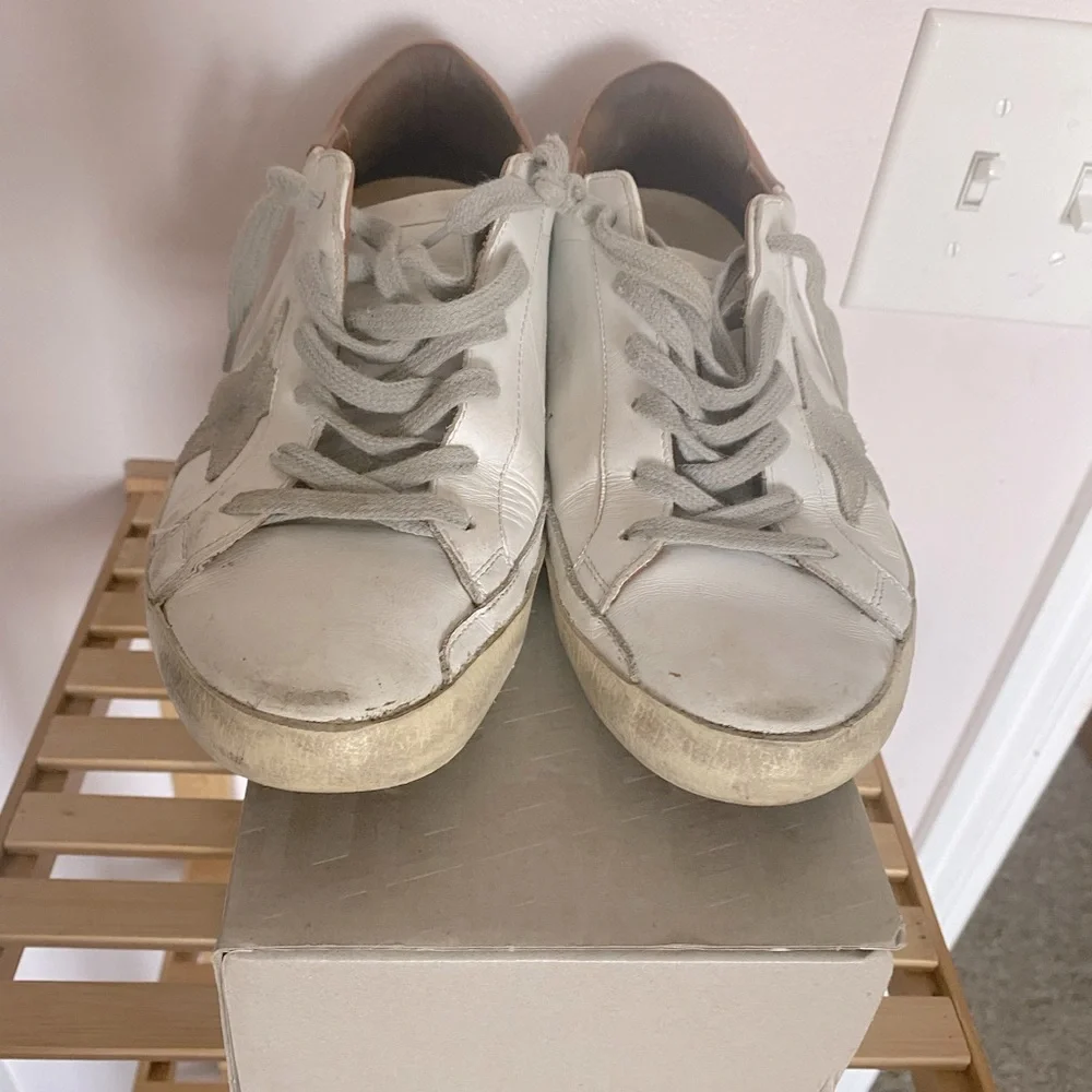 Golden Goose-Style White Leather Sneakers with Gray Star and Tan Heel - Picture 2 of 5